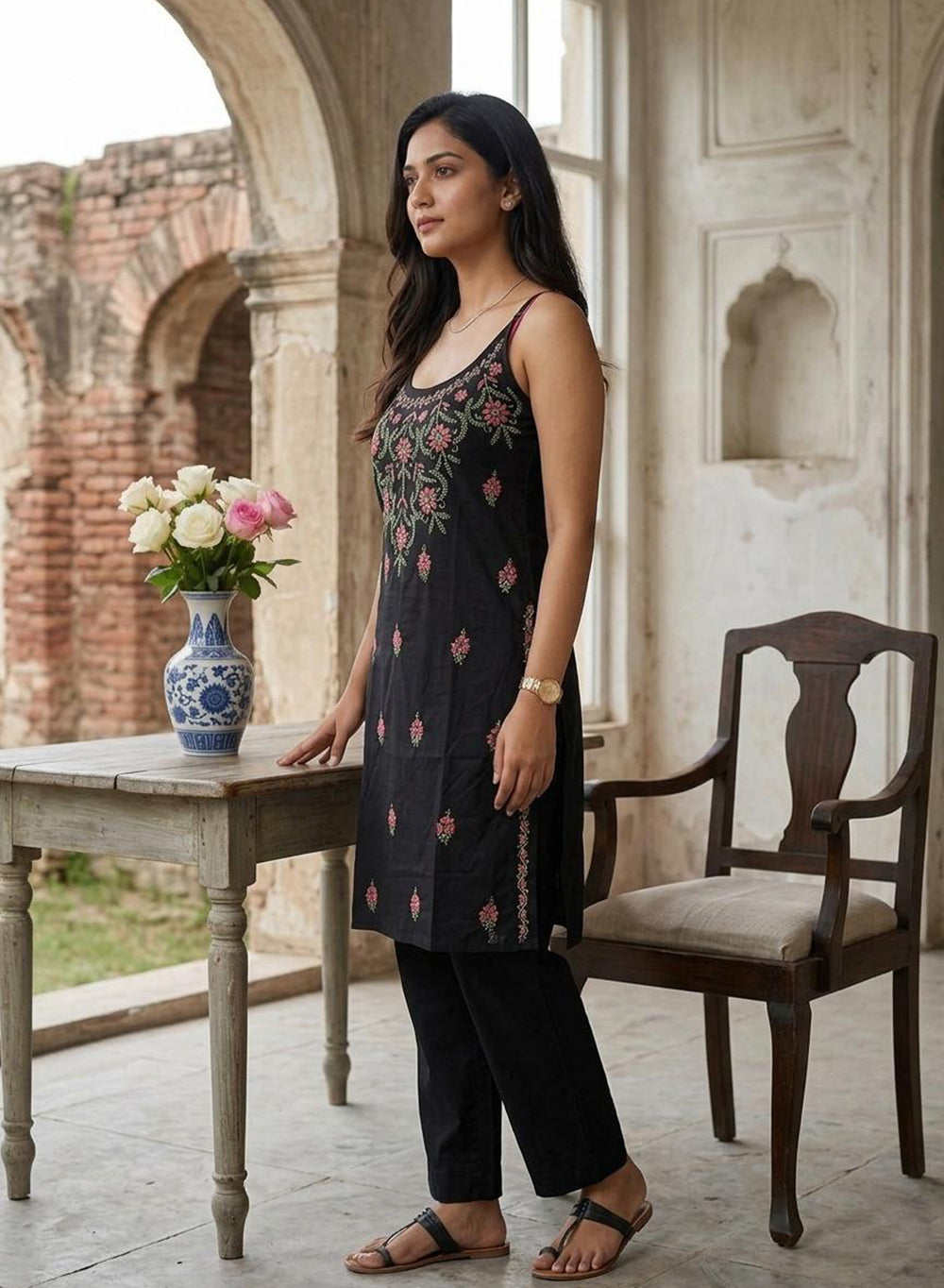 Black - Bahaar Mul Cotton Noodle Strap Chikankari Kurta With Multi-thread Embroidery