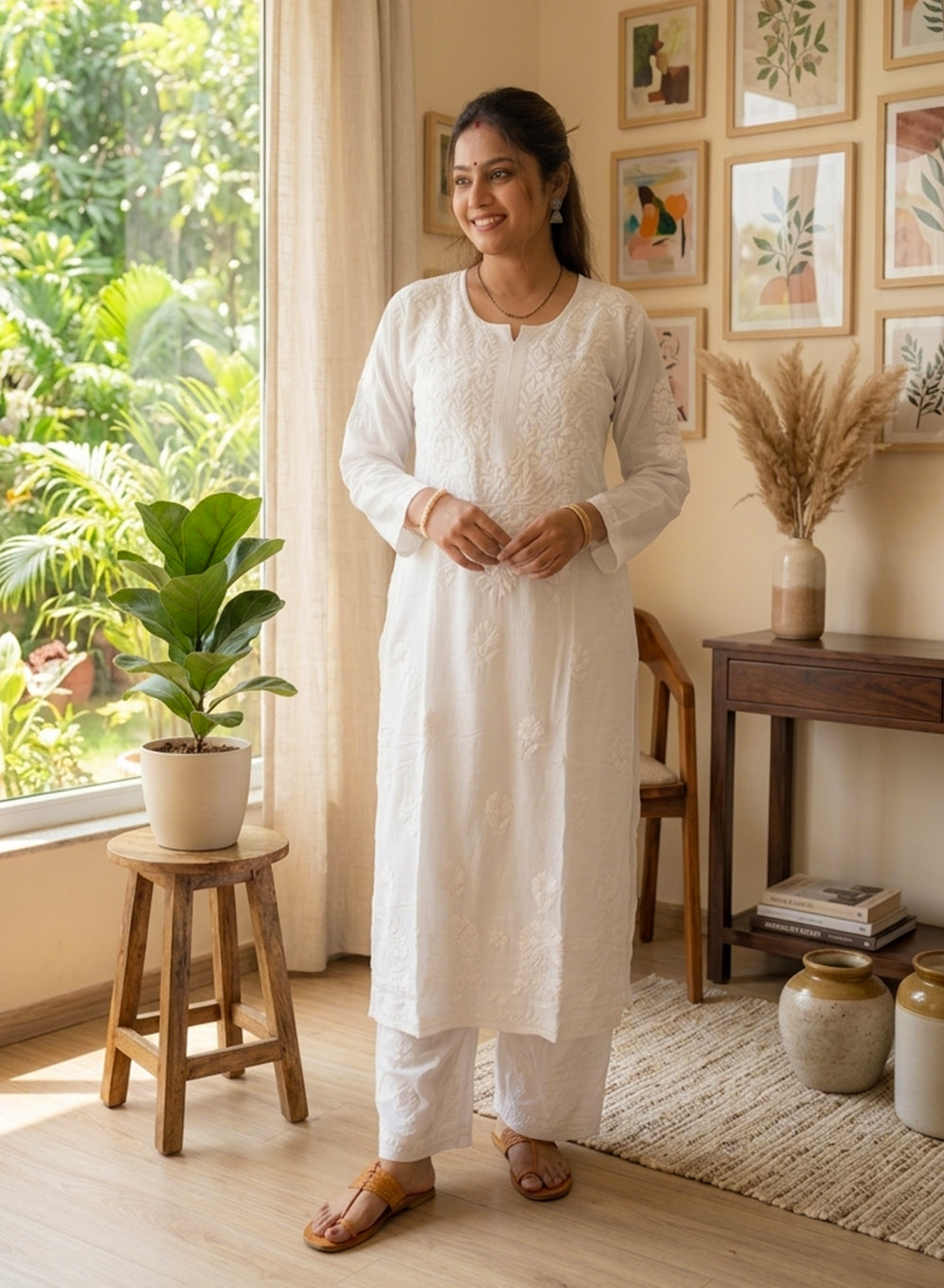 White - Modal Nargis Chikankari Co-ords Set With White Thread Embroidery