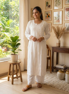 White - Modal Nargis Chikankari Co-ords Set With White Thread Embroidery