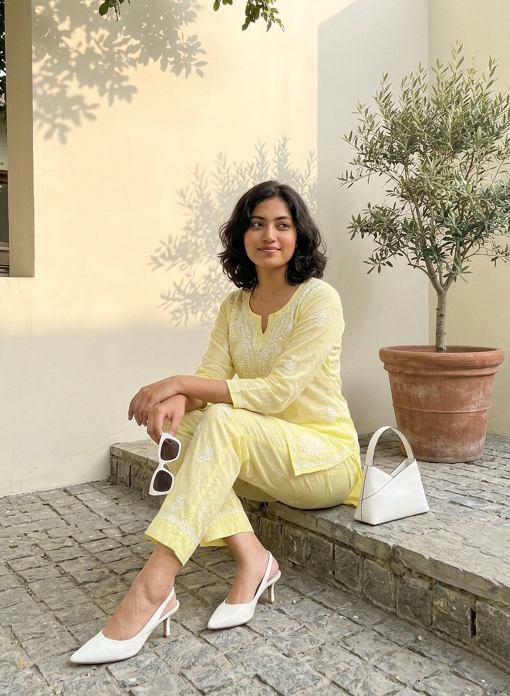 Aisha Lime Yellow - Mul Chanderi Nargis Chikankari Co-ord Set