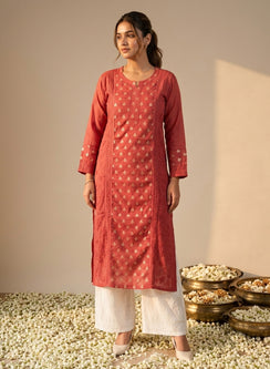 Rust - Anjuman Mul Chanderi Brocade Chikankari Kurta With Slip