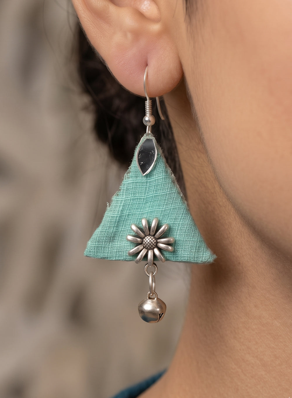 Turquoise Hand Embroidered and Handcrafted Fabric Triangle Earrings with Mirror & Ghungroo Detailing