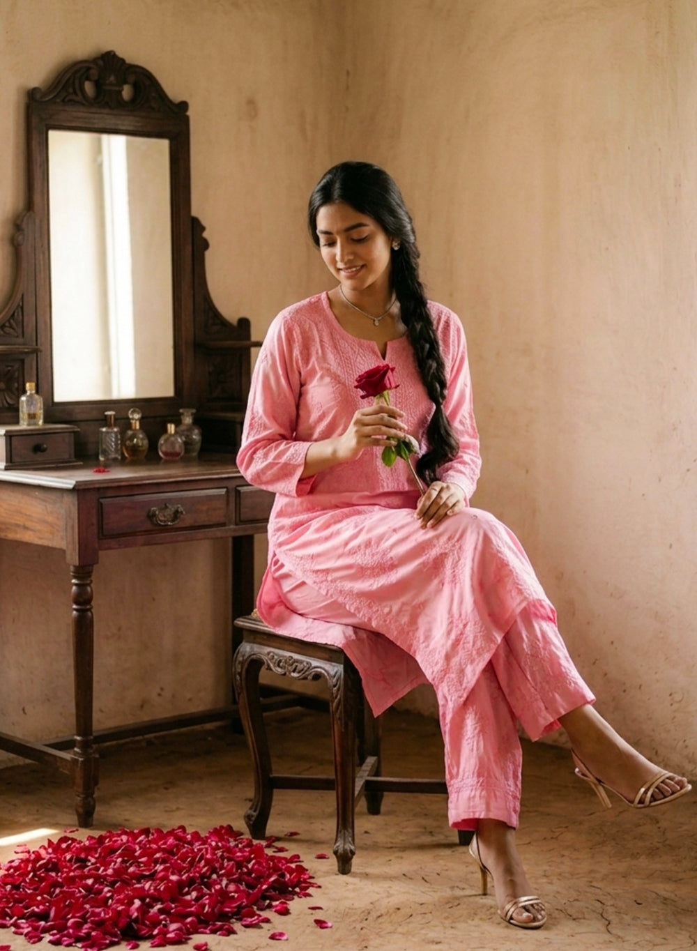 Seher Peach Pink - Nargis Satin Chikankari Kurta & Palazzo Set