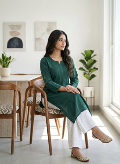 Sadgi Bottle Green -  Bahaar Muslin Solid Chikankari Kurta