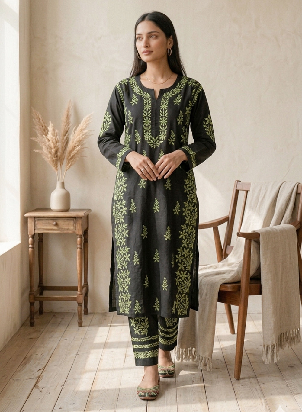 Sham - Pure Cotton Nargis Chikankari Co-ords Set With Green Ombre Thread Embroidery