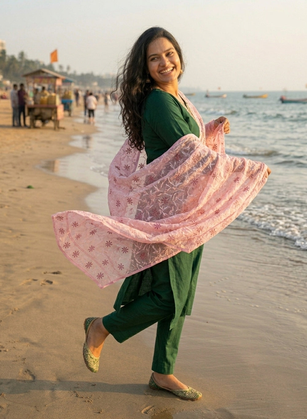 Peach Pink - Nazm Kota Cotton Chikankari Dupatta With Pink Thread Embroidery