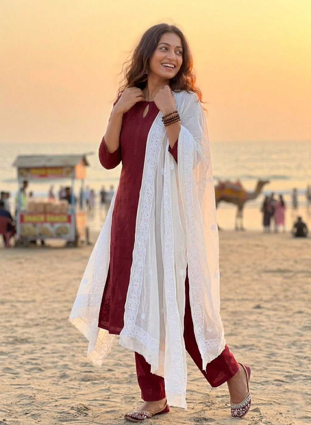 White Viscose Golden Mukaish - Nazm Chikankari Dupatta