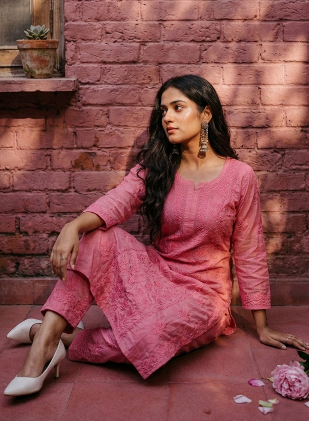 Saroj Dark Pink - Muslin Nargis Chikankari Set