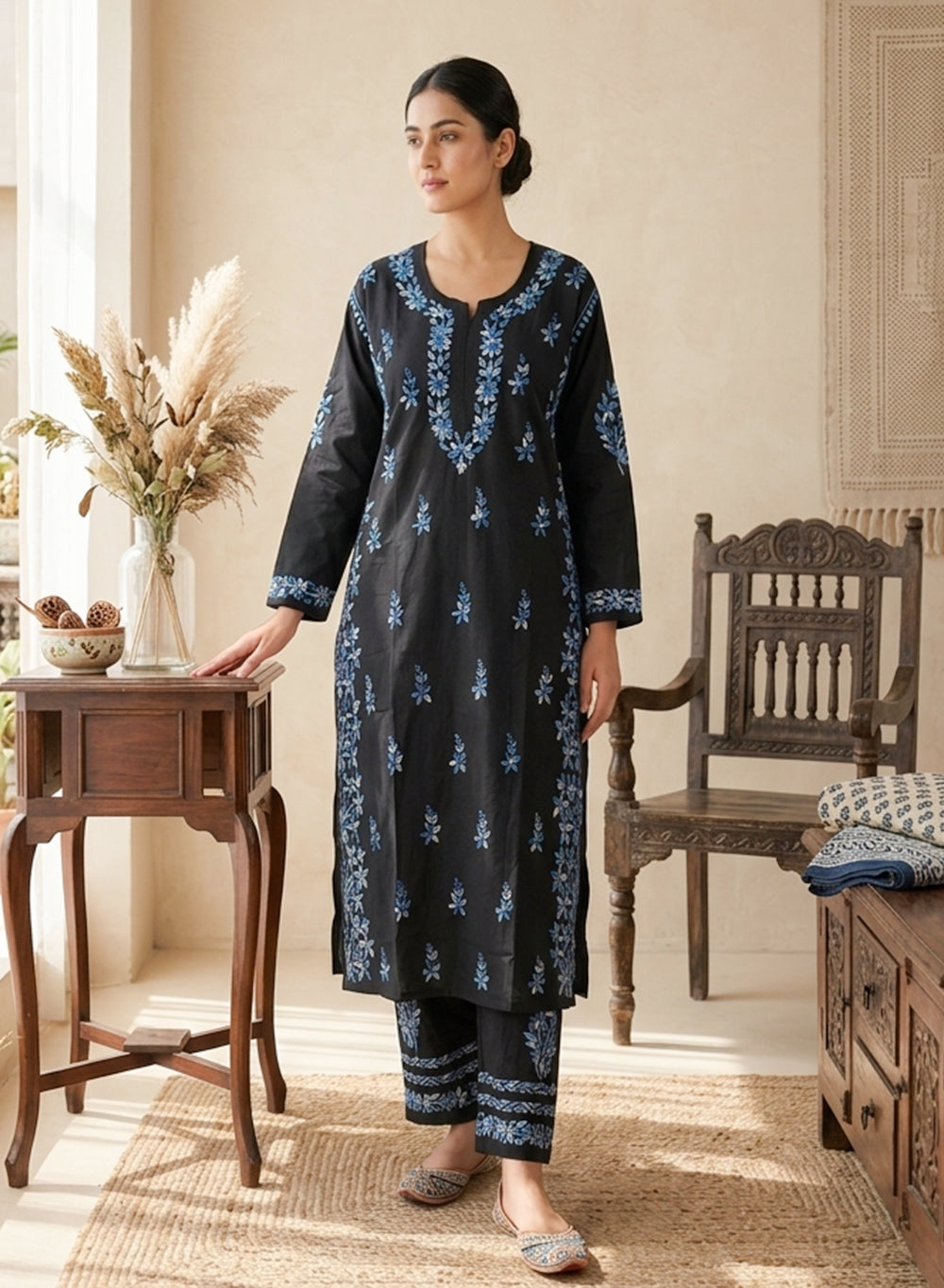 Sham - Pure Cotton Nargis Chikankari Co-ords Set With Blue Ombre Thread Embroidery