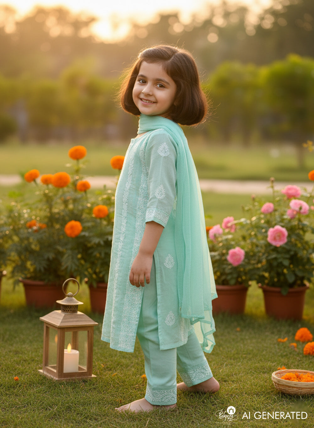 Titli Sea Green - Cotton Chikankari Kidswear Set
