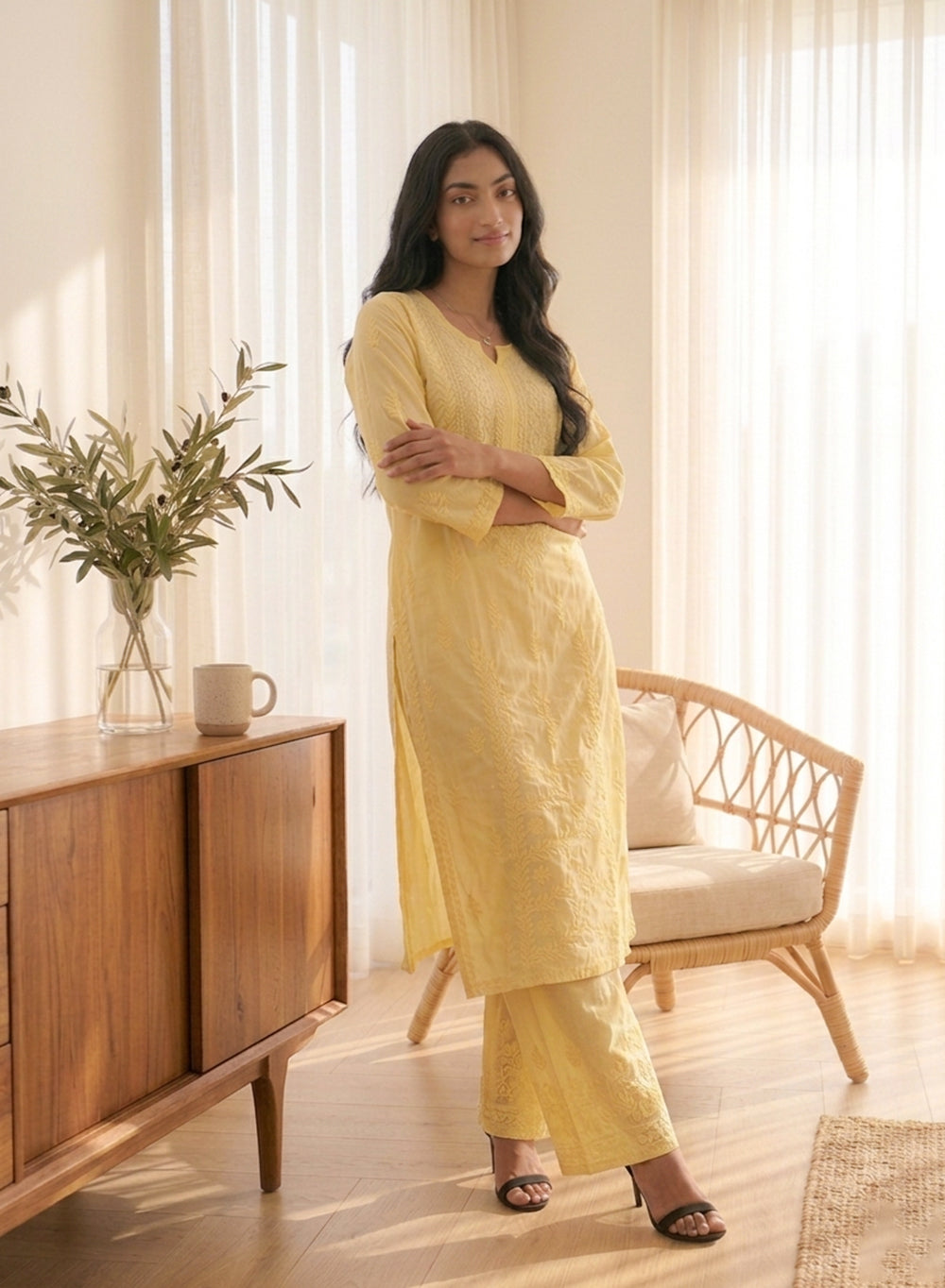 Saanjh Light Yellow - Nargis Muslin Chikankari Kurta & Palazzo Set