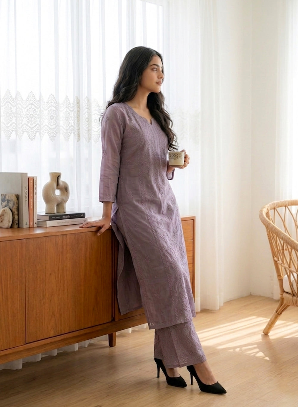 Saanjh Dark Purple - Nargis Muslin Chikankari Kurta & Palazzo Set