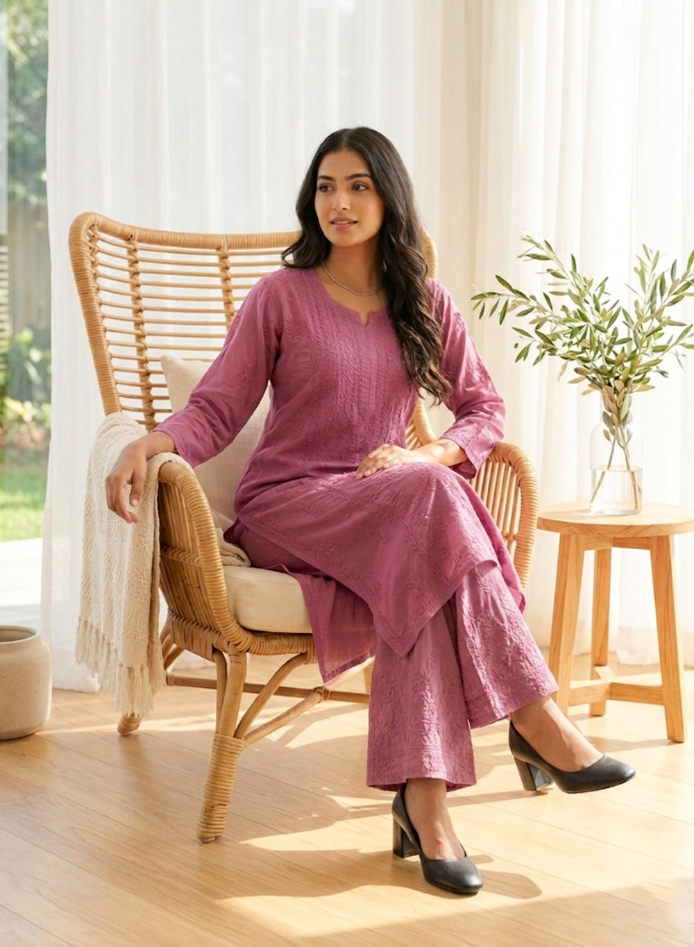 Saanjh Purple - Nargis Muslin Chikankari Kurta & Palazzo Set