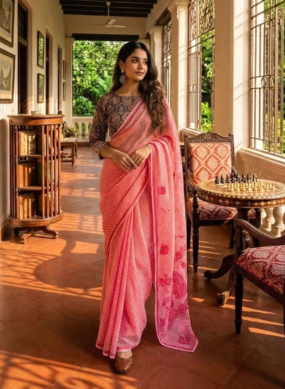 Peach Pink Lehariya - Kota Aks Cotton Chikankari Saree