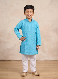 Blue Front Jaal - Cotton Chikankari Kurta With Pajama