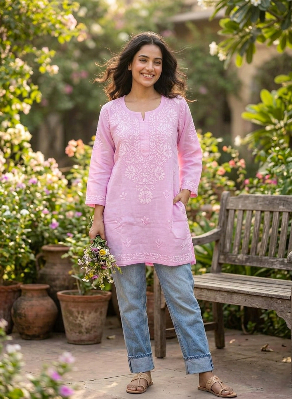 Baby Pink - Gulshan Linen Cotton Double Layered Chikankari Short Top