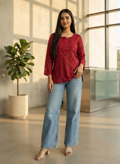 Cherry - Gulshan Muslin Shadow Work Chikankari Short Top
