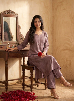 Seher Coffee - Nargis Satin Chikankari Kurta & Palazzo Set