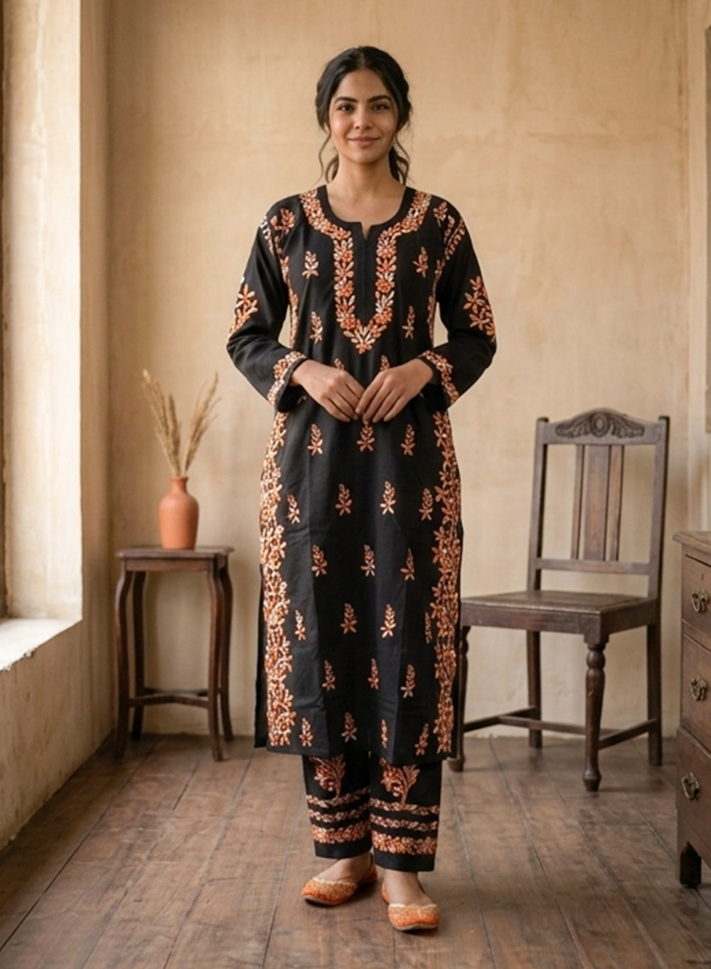 Sham - Pure Cotton Nargis Chikankari Co-ords Set With Orange Ombre Thread Embroidery