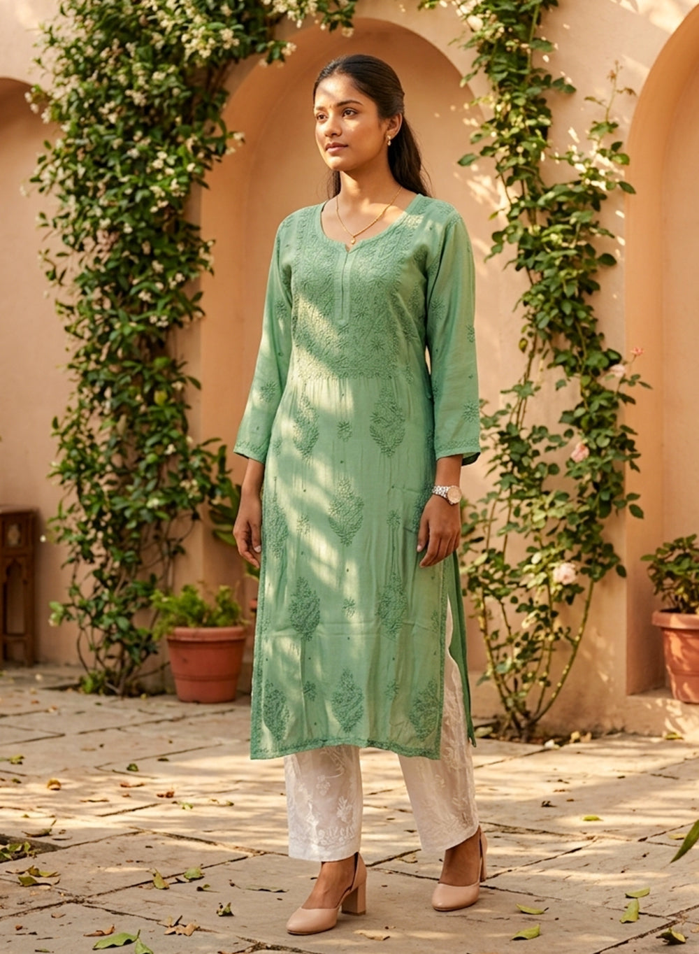 Green -  Anjuman Muslin Chikankari Kurta With Katdana