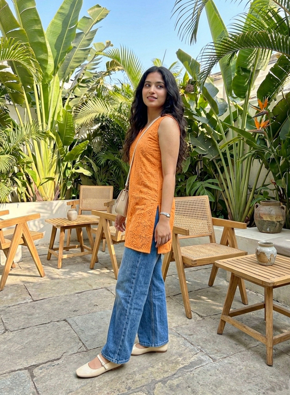 Orange - Gulshan Viscose Front Jaal Chikankari Shot Top