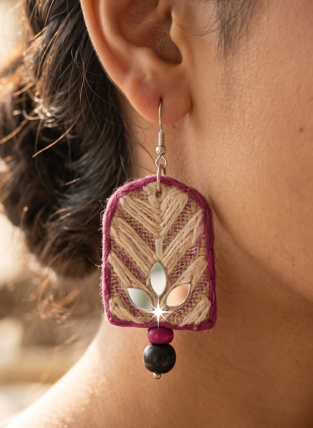 Rani Pink Handcrafted Arch Fabric Dangler Earrings with Thread Embroidery & Mirror Motifs