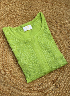 Parrot Green - Gulshan Linen Cotton Double Layered Chikankari Short Top