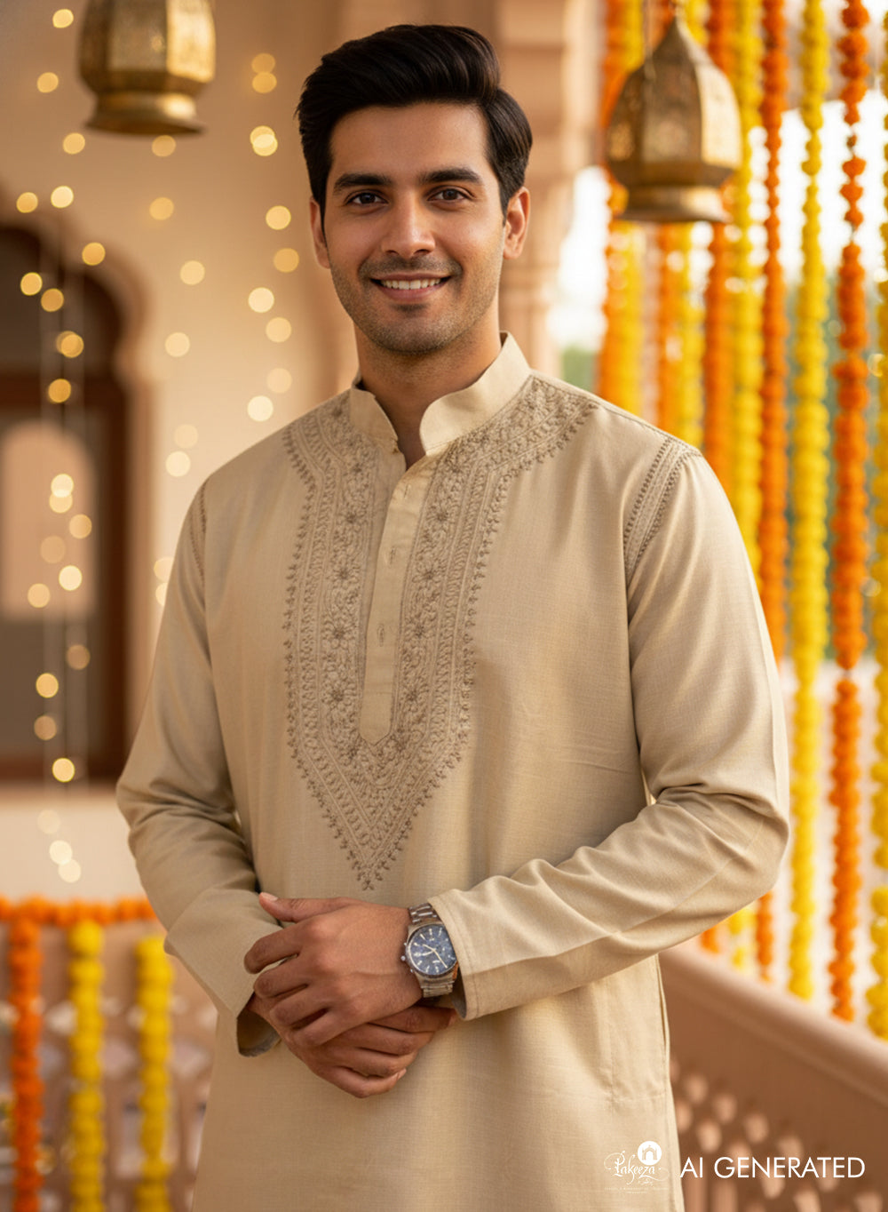 Light Brown - Nawab Cotton Chikankari Men Long Kurta