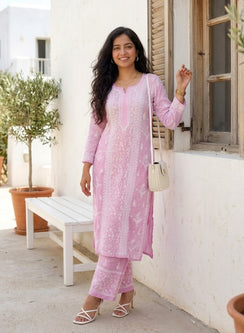 Adya Baby Pink Ombre - Muslin Nargis Chikankari Set