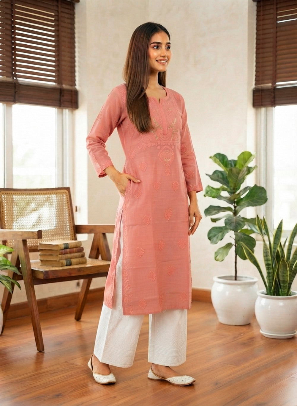 Swara Coral - Anjuman Chanderi Cotton Chikankari Kurta