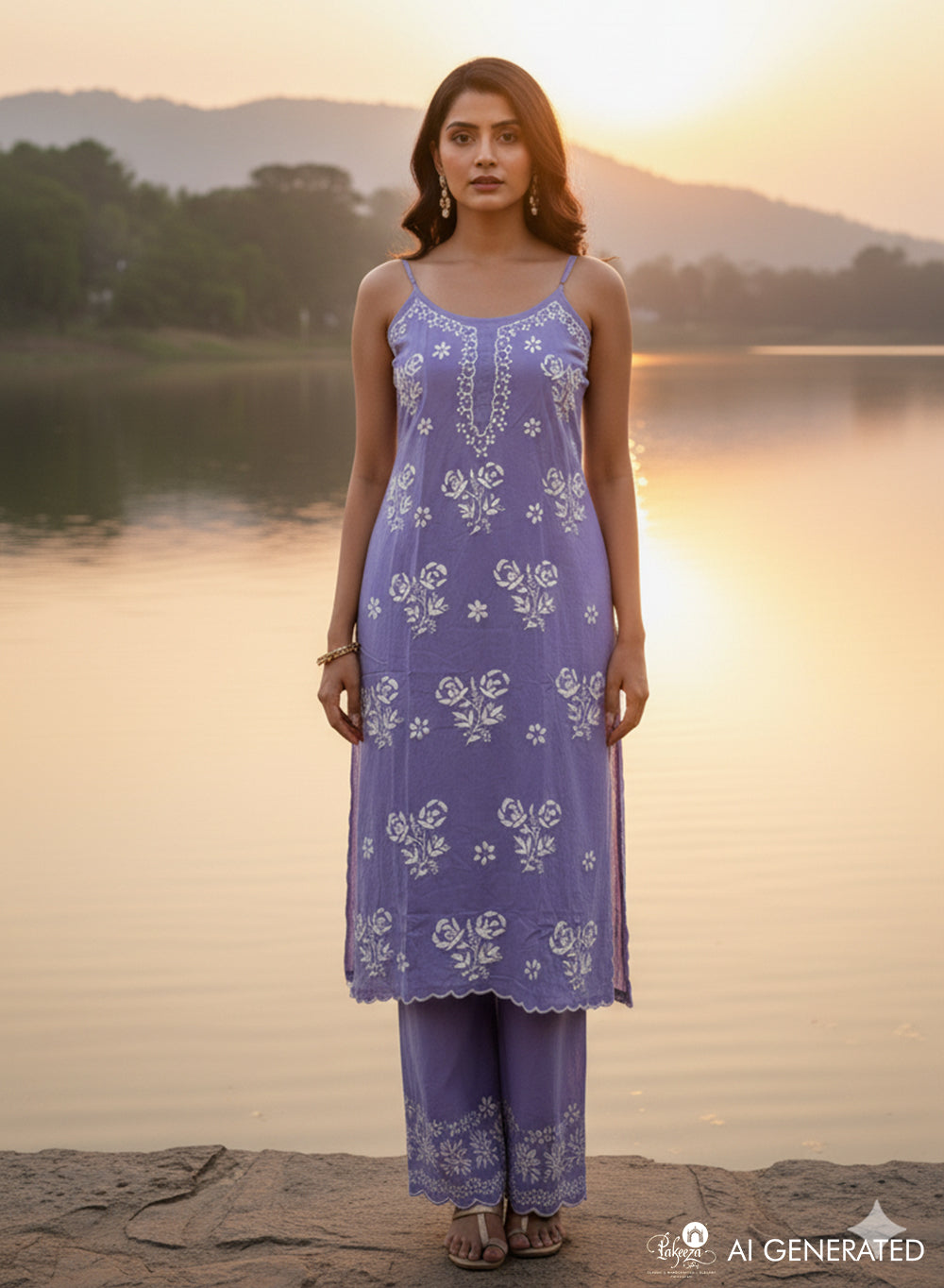 Kala Lavender - Nargis Chikankari Rayon Noodle Strap Kurta & Palazzo Set