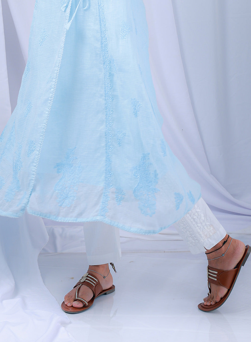 White - Cotton Chikankari Palazzo With Side Design