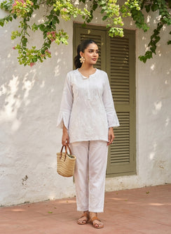 Rida White - Muslin Nargis Chikankari Co-ord Set With Lace