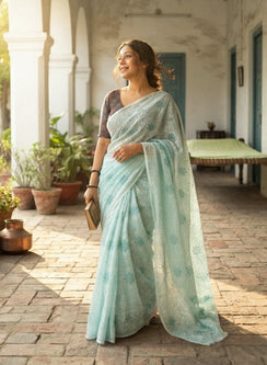 Guncha Turquoise - Dual Thread Aks Cotton Tepchi Chikankari Saree