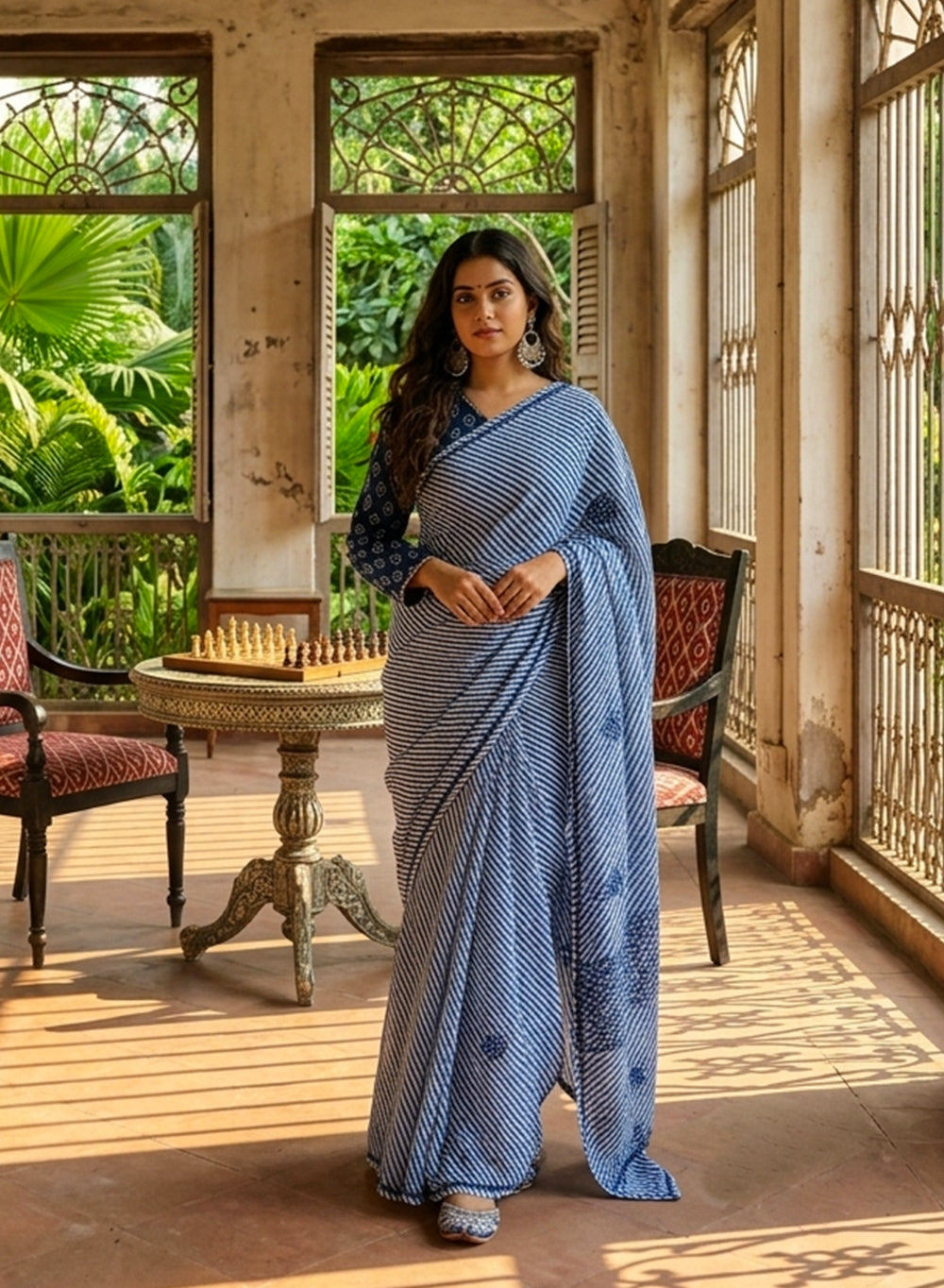 Ink Blue Lehariya - Kota Aks Cotton Chikankari Saree