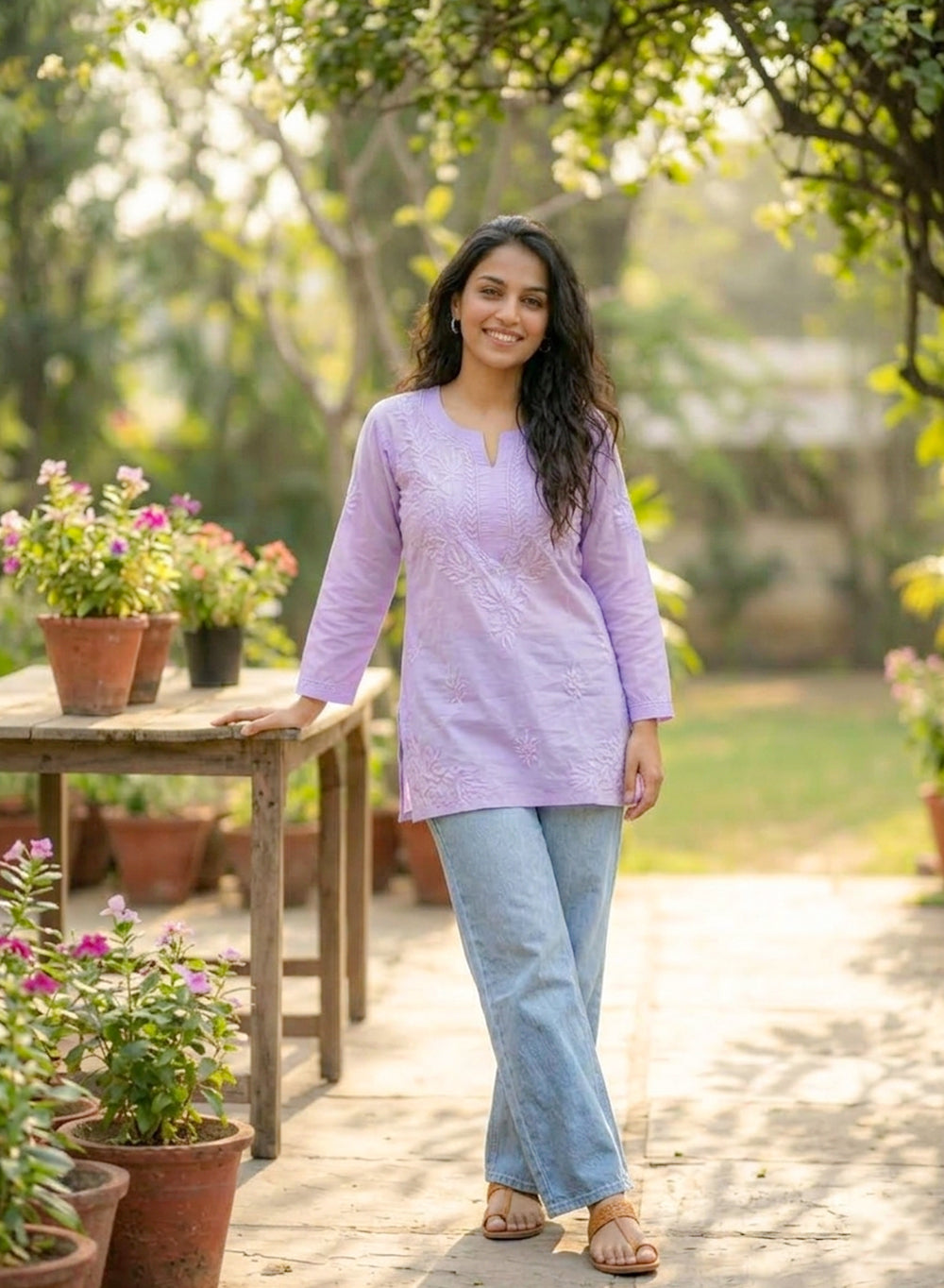 Lilac - Gulshan Linen Cotton Double Layered Chikankari Short Top