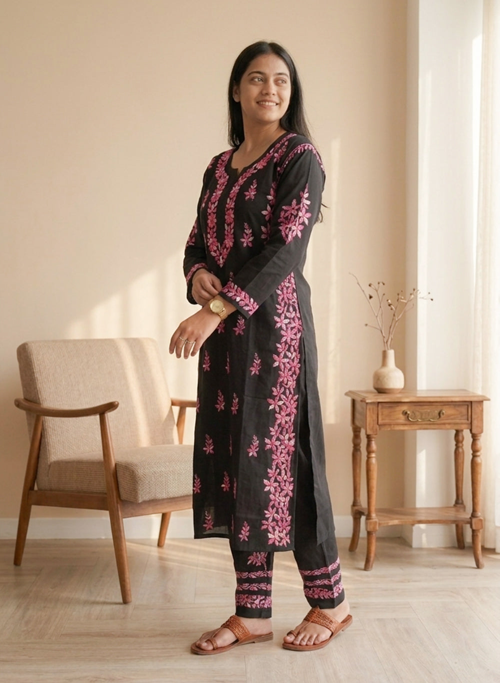 Sham - Pure Cotton Nargis Chikankari Co-ords Set With Pink Ombre Thread Embroidery