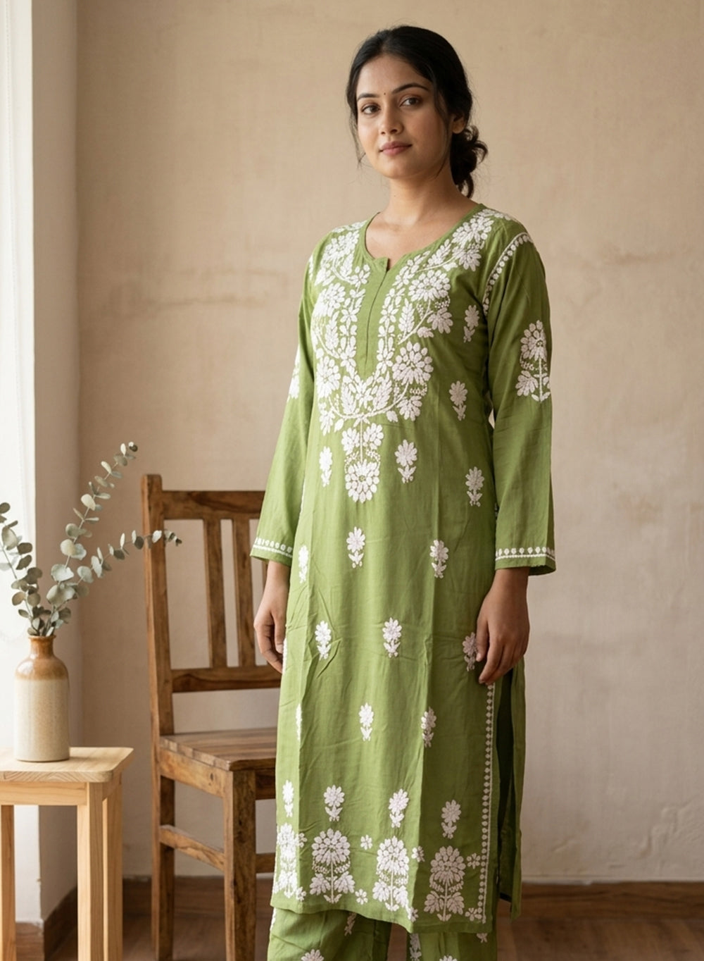 Green - Modal Nargis Chikankari Co-ords Set With White Thread Embroidery