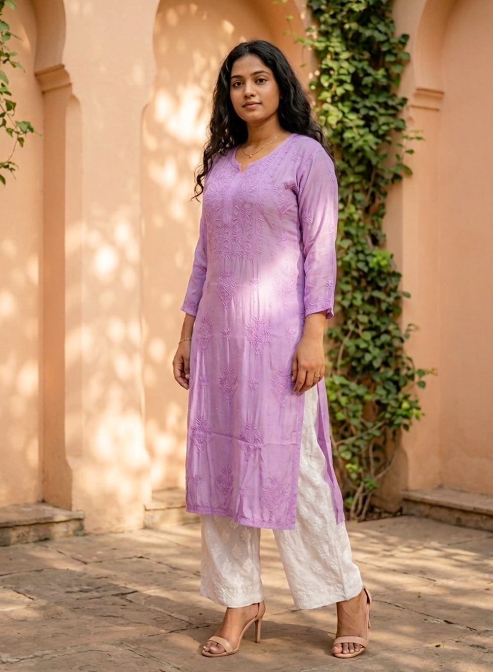 Lavender -  Anjuman Muslin Chikankari Kurta With Katdana