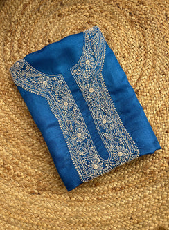 Royal Blue Unisex - Dhoop Kinaray Pure Tussar Silk Chikankari Kurta Fabric