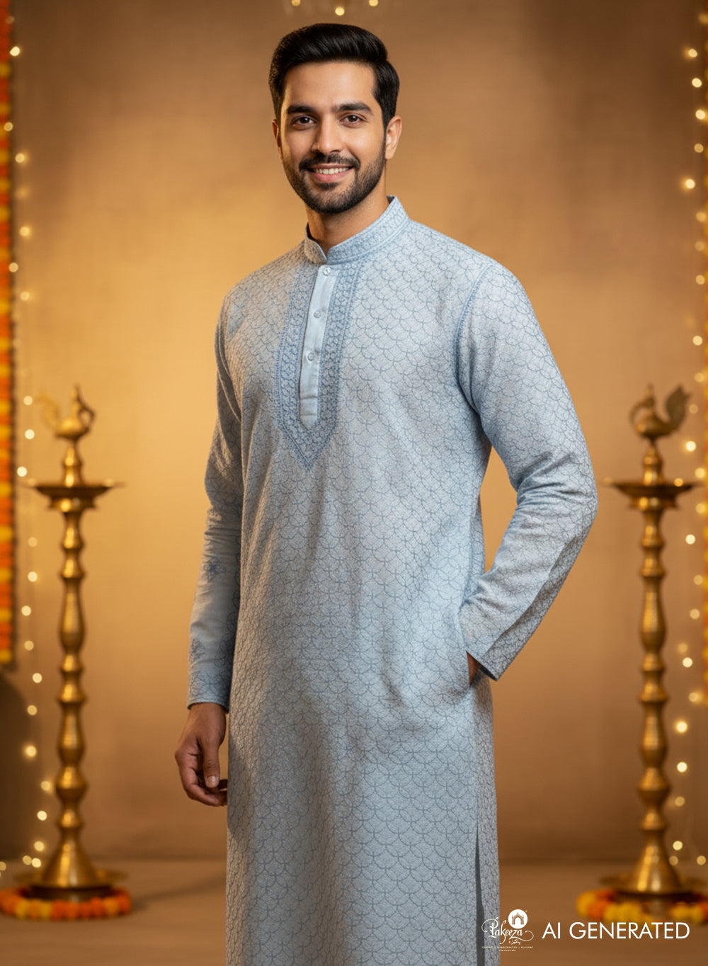 Ice Blue - Nawab Cotton Chikankari Men Long Kurta