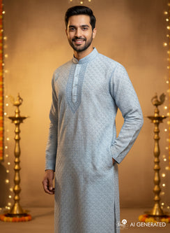 Ice Blue - Nawab Cotton Chikankari Men Long Kurta