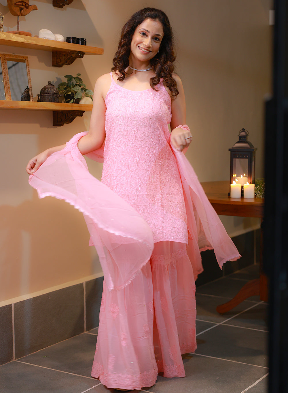 Kanak Pink - Nargis Viscose Noodle Strap Chikankari Kurta & Gharara Set