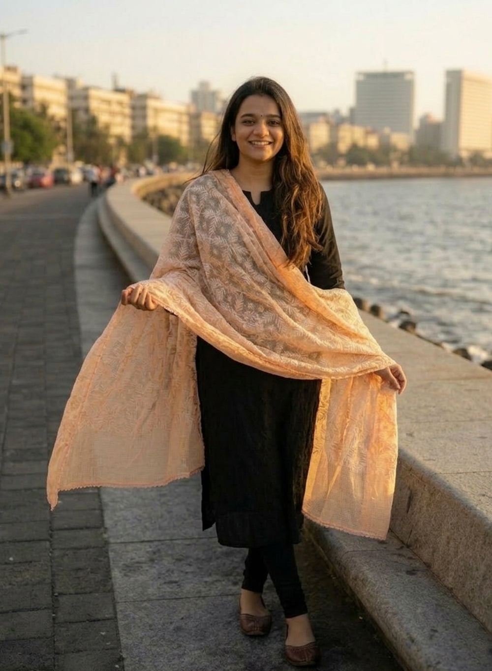 Peach - Nazm Kota Cotton Chikankari Plain Border Dupatta