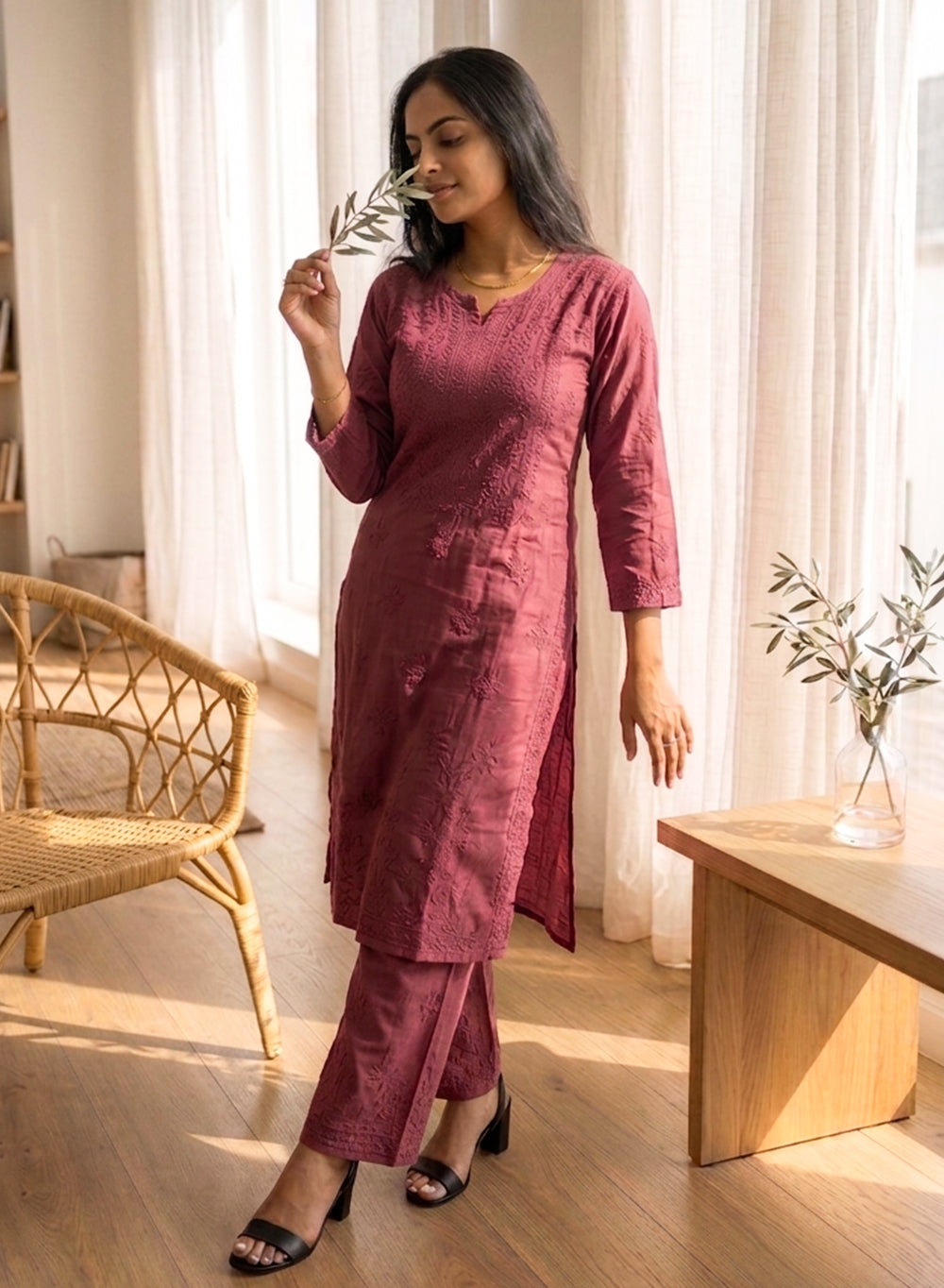 Saanjh Dusty Wine - Nargis Muslin Chikankari Kurta & Palazzo Set