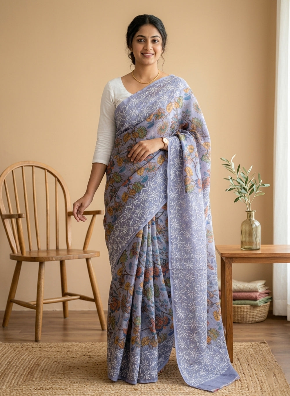 Aparajita Lavender - Aks Printed Kota Cotton Chikankari Saree