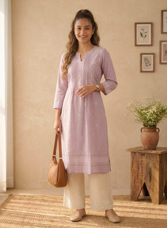 Lilac - Bahaar Pure Cotton Hand Embroidered Chikankari Kurta With White Thread Embroidery