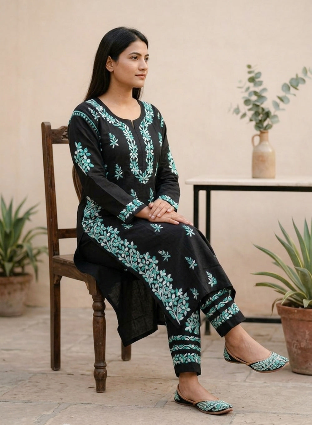 Sham - Pure Cotton Nargis Chikankari Co-ords Set With Turquoise Ombre Thread Embroidery