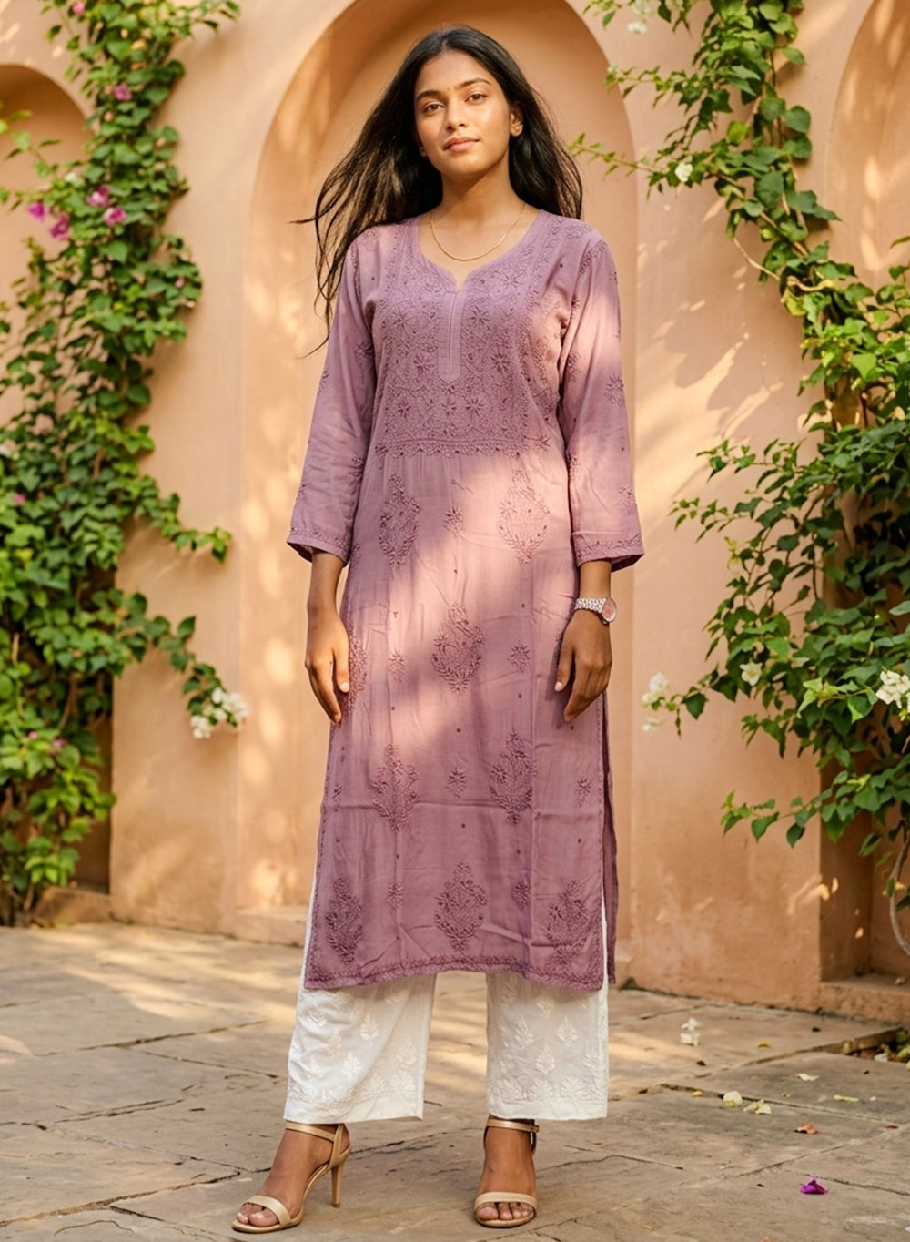 Onion Pink -  Anjuman Muslin Chikankari Kurta With Katdana
