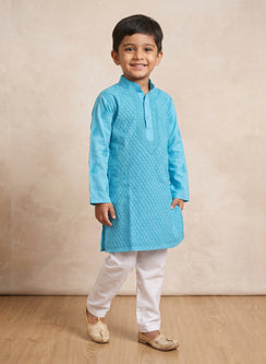 Blue with Green Thread Front Jaal - Cotton Chikankari Kurta With Pajama